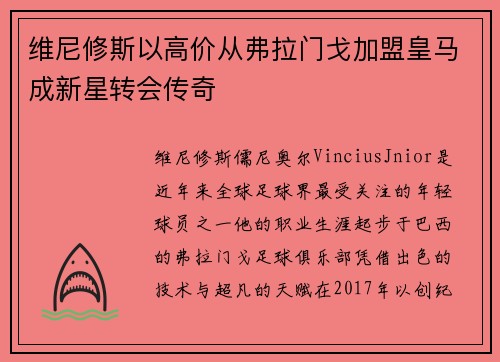 维尼修斯以高价从弗拉门戈加盟皇马成新星转会传奇